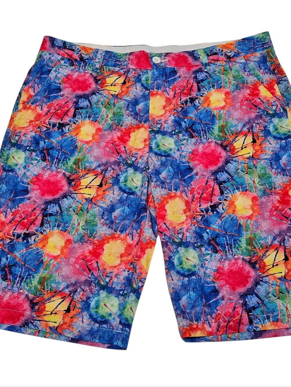Hreski Stand Out Golf Chino Shorts Multicolored Paint Splatters Sz 34 Inseam 11"
